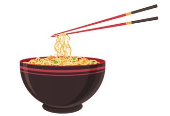 BOL CHINOIS Oriental noodle food. Asian ramen tradition Chinese noodle restaurant with pasta and chopsticks. Vector illustration in cartoon flat style.
