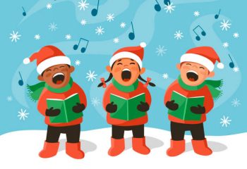 istockphoto-1284217475-612x612 Three cute kids in Santa hats are singing Christmas carols. Cartoon vector illustration